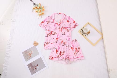 Image of RONGTAI Womens Pajama Sets Button Down Short Sleeve Western Horseman and Cacti Print Lapel Shirt with Pocket Matching Pj Shorts Two Piece Loungewear Set Pink S