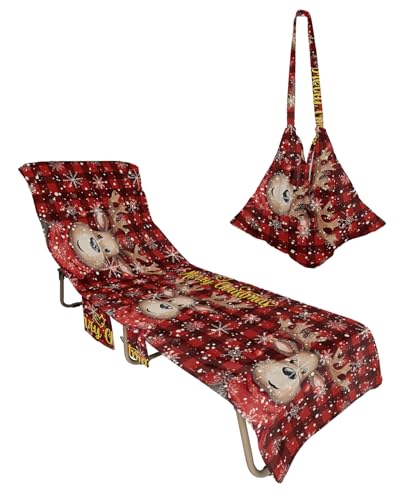 Christmas Elk Beach Chair Towel Covers for Chaise Lounge with Side Pocket, Soft Plush Pool Towels Cover for Patio Sunbathing Outdoor 29''x85'' Winter Snowflake Buffalo Plaid Red