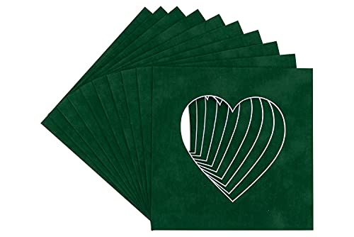 Treeline Green Suede Acid Free 8x8 Heart Picture Frame Mat with White Core Bevel Cut for 4x4 Pictures - Fits 8x8 Frame - Pack of 10 Matboard Show Kits With Acid Free Backings & Clear Bags