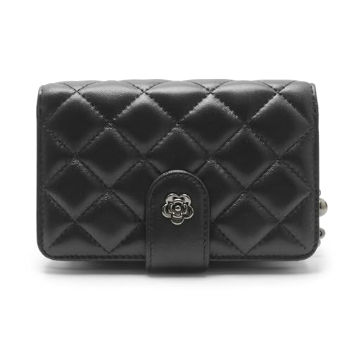2R Quilted Lambskin Leather Wallet with Rose Charm, Multiple Card Slots, Black2