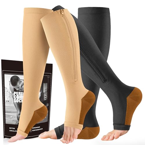 Image of cerpite Zipper Compression Socks, 2-Pack Open Toe 15-20mmHg for Men & Women