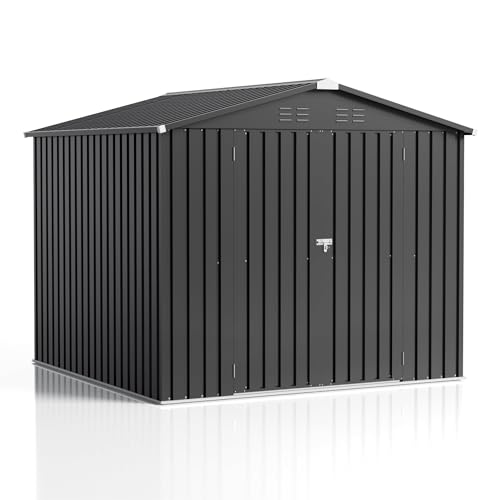 Image of JUMMICO 8x8 FT Outdoor Storage Shed, Tool Metal Sheds, Black | Lockable Door, Sloping Roof, Waterproof Utility Garden Shed for Backyard Patio Lawn, 7.5x7.5 FT