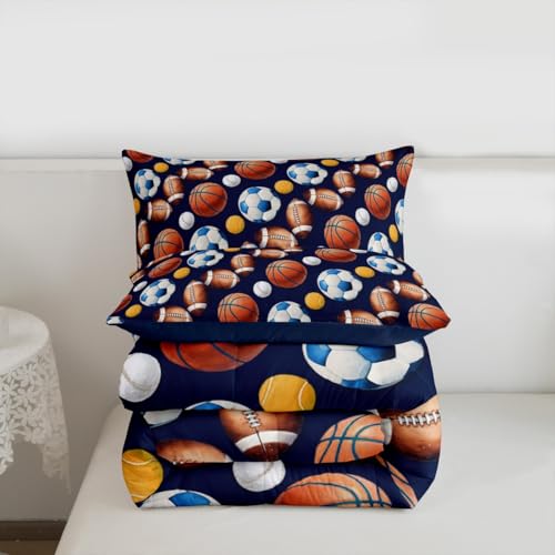 Image of Feelyou Soccer Football Comforter Set Queen Size Basketball Baseball Softball Sport Theme Bedding Set for Kids Boys Girls Navy Blue Duvet Quilt Bedroom Decor Microfiber 3 Pcs with 2 Pillow Cases