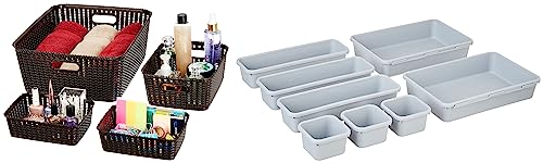 Image of Amazon Brand - Solimo 4 Piece Storage Basket Set, Brown, Plastic & Amazon Brand - Solimo Kitchen Drawer Organiser, Set of 8, Grey