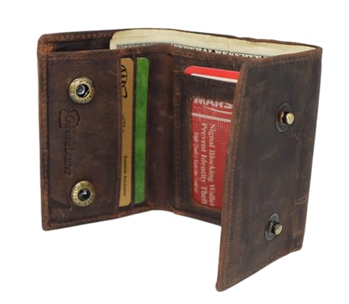 MARSHAL Men’s Genuine Leather Skull Wallet – Trifold RFID Blocking Biker Wallet with ID Window & Snap Closure (Brown No Chain)4