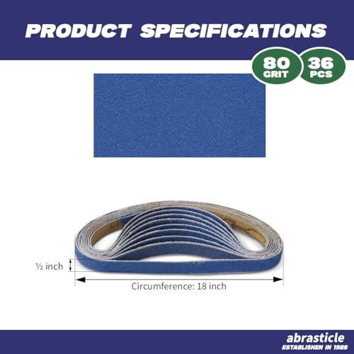 1/2" x 18" Zirconia Sanding Belts for Metal - 1/2 x 18 Inch Zirconia Metal Grinding Sand Paper, 36 PCS 80 Grits, Perfect for Knife Blade Sharpening, Metal Polishing, Derusting, Woodworking