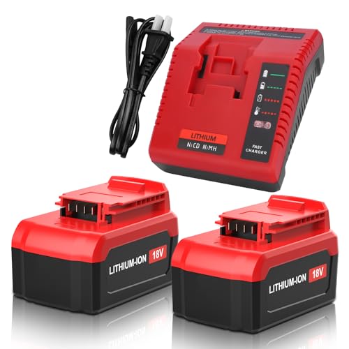 2Packs 8000mAh 18 Volt PC18BLX Replacement Battery Lithium ion and PCXMVC PCMVC Charger Compatible with Porter Cable 18V Battery PC18B PC18BL PC18BLX PC18BLEX PCC489N PC188 Cordless Power Tool(Red)