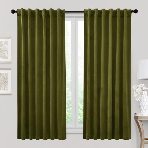 RYB HOME Velvet Curtains 63 inches Length, Back Tab & Rod Pocket Soft Fabric Curtains & Drapes for Bedroom Bathroom Cafe, Moss Green, W 42 x L 63, 2 Panels Set