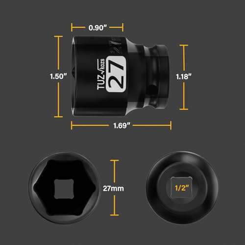 Image of 1 /2 Inch Drive 27mm Shallow Metric Impact Socket,CR-MO,6 Point Radius Corner Design,Square Chamfered Opening,Axle Nut Impact Grade Socket for Easy Removal