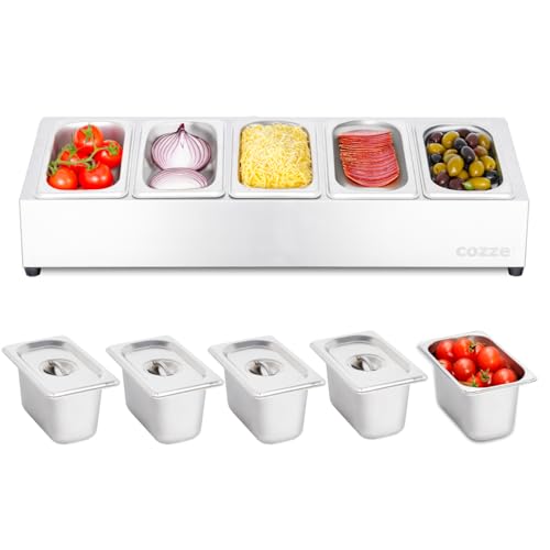 cozze® Soporte para pizza – Recipiente de ingredientes de acero inoxidable con tapa – Estación para pizza con 5 compartimentos – Accesorio para cocina y preparación de pizza