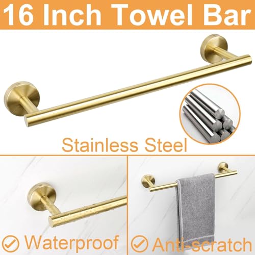 Image of JIALTO 5-Piece Bathroom Towel Holder | Towel Rod | Toilet Roll Stand | Wall Mounted Bathroom Fittings Full Set - 16 Inch Hand Towel Bar | Toilet Paper Holder | Adhesive Hooks (Gold, 5 - Pieces Set)