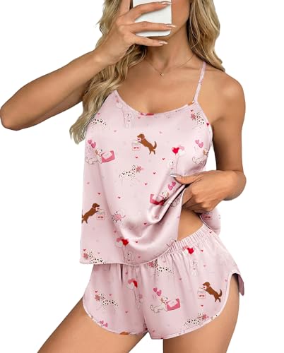 Image of Ekouaer Silk Pajamas Set for Women Satin Backless Lingerie Pjs Cami Top and Shorts Nightwear