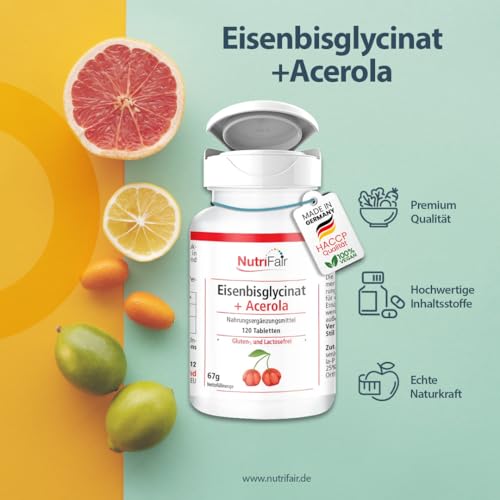 Eisenbisglycinat + Acerola - mit 40mg Eisen & 160mg Acerola pro Tablette - 120 Tabletten - Hochdosiert - 100% Vegan – Deutsche Produktion & Laborprüfung - NutriFair | Premium & Fair – Bild 3