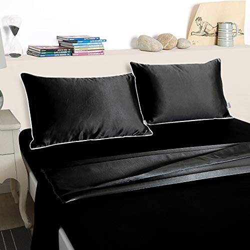 Thmyo 3-Piece Satin Bedding Set,Satin Fitted Sheet With Pillowcases,Soft Comfort Hypoallergenic Breathable Bedding Set (1 Fitted Sheet+2 Pillowcases) (Black, Full) #TOP3