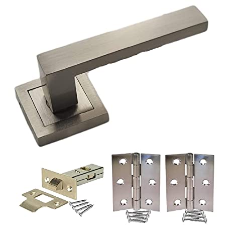 Golden Grace Delta Door Handles on Square Rose in Satin Stainless Steel, Complete with Tubular Latches & Hinges - 1 Pair