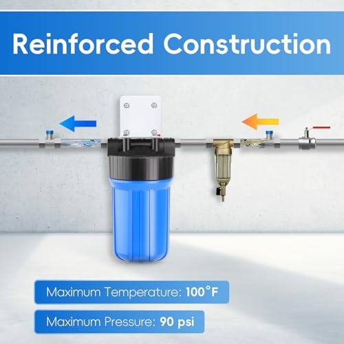 iSpring HB18B Wasserfiltergehäuse, Passend für 10 x 4,5 Zoll Kartusche, 1 Zoll Auslass/Einlass, Vorfiltersystem für das ganze Haus, Druckentlastung, Hochleistungsfähig