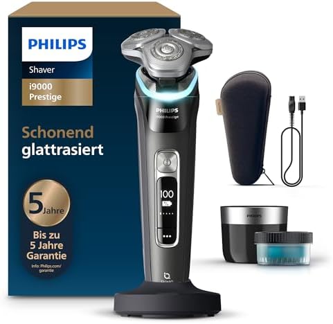 Philips Rasierer i9000 Prestige, elektrischer Nass- und Trockenrasierer für Herren mit integriertem Trimmer, schwarz, Drucksensor, Reinigungsstation, Ladestation und Reiseetui (Mod