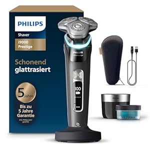 Philips Rasierer i9000 Prestige, Nass- und Trockenrasierer für Herren mit integriertem Trimmer, schwarz, Drucksensor, Reinigungsstation, Ladestation und Reiseetui (Modell XP9207/30)