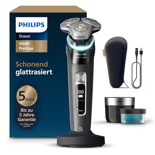 Philips Rasierer i9000 Prestige elektrischer Nass- und Trockenrasierer für Herren mit integriertem Trimmer schwarz Drucksensor Reinigungsstation Ladestation und Reiseetui (Modell XP9207/30)