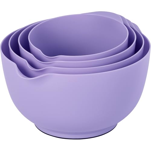 BoxedHome 4-teiliges Rührschüssel Set aus BPA-freiem Kunststoff, Violett - mit Ausgießer, rutschfestem Boden und Griff, stapelbar, spülmaschinen- und mikrowellengeeignet, ideal für Backen und Kochen