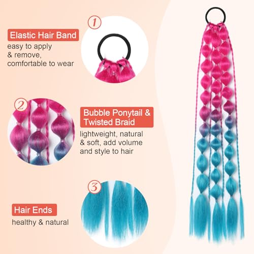 Colored Hair Extensions, Behufun 2Pcs 20" Lightweight Colored Hair Extensions for Kids Bubble Ponytail Extension with Hair Tie, Ombre Crazy Hair Day Accessories for Girls Festival Rave B41 - Image 4