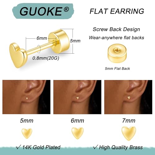 GUOKE Flat Back Earrings for Women - 14K Gold Plated Heart Hypoallergenic Small Screw Flatback Stud Earring, Everyday Wear, 3 Pair by GUOKE - Image 2