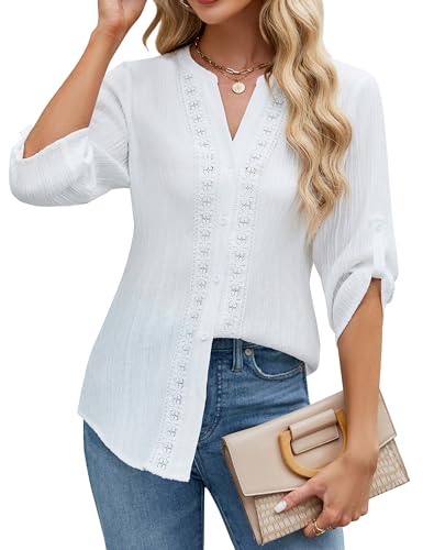 Blooming Jelly Camicia Donna In Chiffon Bianco A Pois - Maniche Corte, Scollo A V, Casual Estivo, Taglia XL