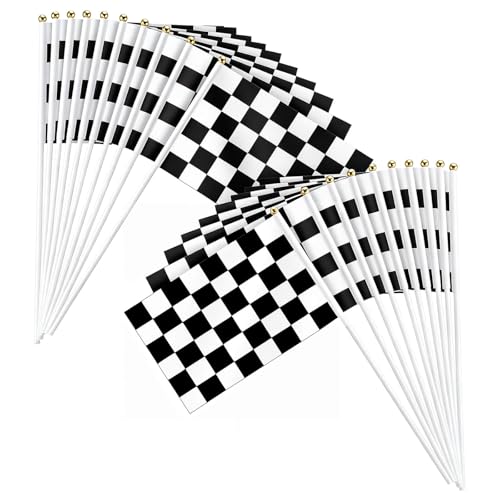 Piokio 20 Pack 8x5.5 Black and White Checkered Racing Stick Flag Racing Hand Held Stick Flags for Nascar Race Party Supplies