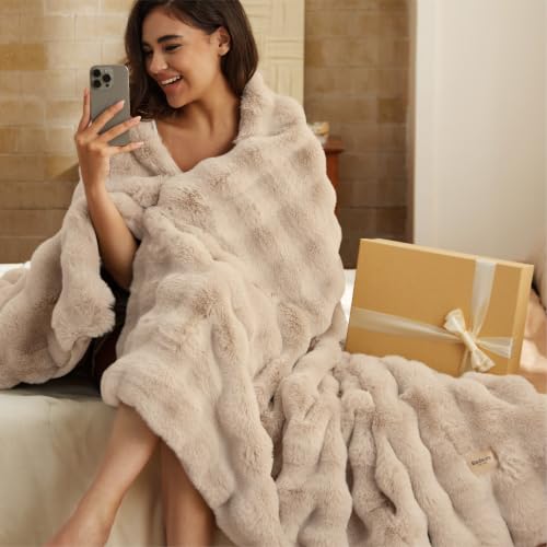 Image of Bedsure Fluffy Bubble Faux Fur Throw XL Blanket, 50 inchx70 inch, Light Beige