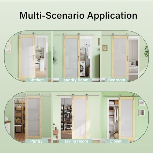 Image of 32 inch x 80 inch 3-Lites Solid Core MDF Panel Barn Door with Trimmable 72 inch Track Kit, Paintable Sliding Barn Doors for Closet Kitchen Bedroom Excellent Sound & Thermal Insulation, Nickel-Plated Hardware Kit