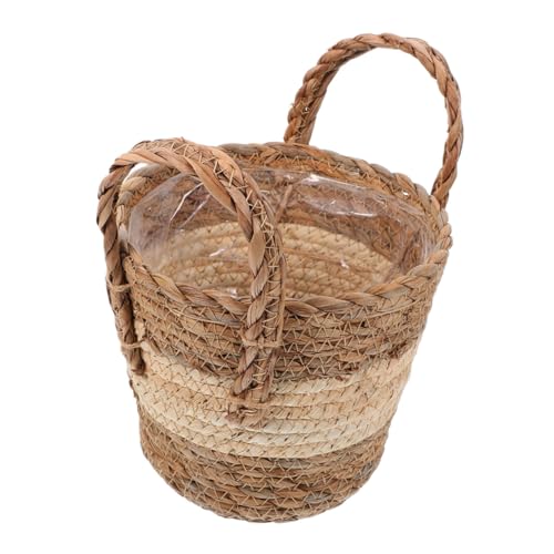 FUTUREORYY Cesta Tejida de Ratán Sintético para Macetas de Interior y Exterior, Jardinera Mediana Color Beige, Cesta para Plantas Suculentas, Macetero Rústico Hecho a Mano para Decoración