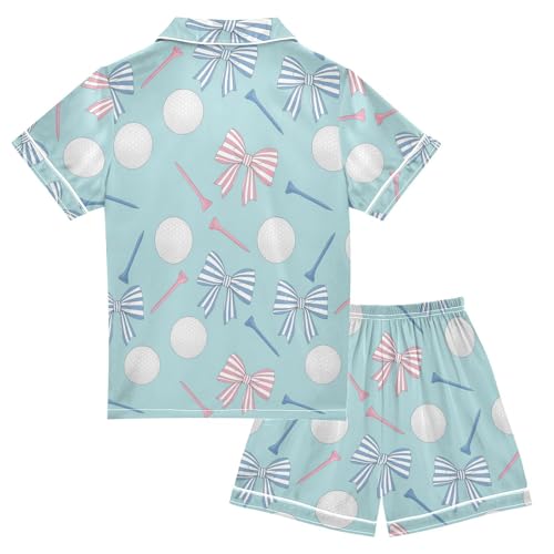Satin Pajama Sets Short Sleeve Golf Balls Tees Bows Pattern Button Down Silky Nightwear 2 Piece PJS 5-14Y2