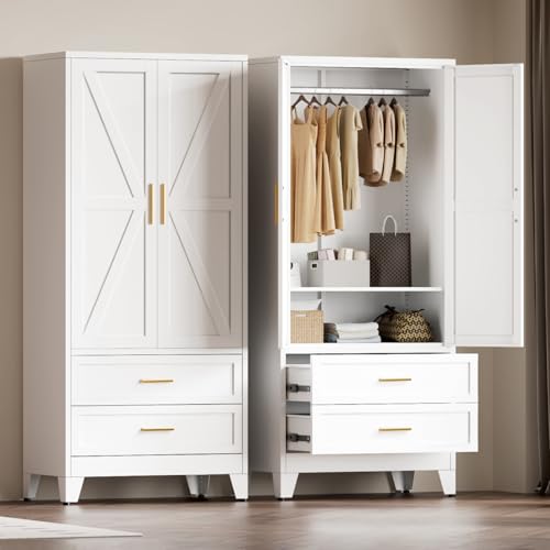 Image of Metal Wardrobe Closet, Armoire Wardrobe with Two Drawers Clothes Cabinet for Bedroom, 71 inch Tall Farmhouse Steel Armoire Closet with Drawers and 2 Doors Clothing Storage Cabinet with Hanging Rod