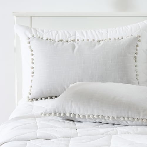 Image of 100% Cotton Pom Pom Cushion with Filler, Elegant & Modern Cushion Cover for Living Room, Rectangle, 12 inchx20 inch, uni slub, Set of 4 - L.Gray