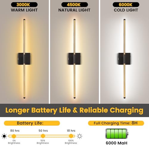 Image of 15800 mAh Battery Operated Wall Sconces with Remote Control Dimmable Wall Sconces Set of Two 3000K LED Brass Gold and Black Wireless Wall Light Battery Powered Cordless Rechargeable Sconces Decor