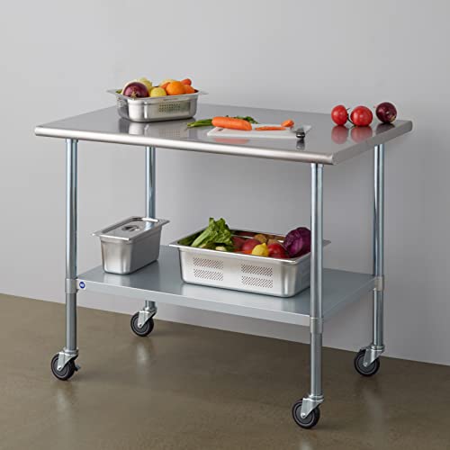 Image of ROCKPOINT Stainless Steel Table for Prep & Work with Caster Wheels 30x48 Inches, NSF Metal Commercial Kitchen Heavy Duty Table with Adjustable Under Shelf and Table Foot for Restaurant, Home and Hotel
