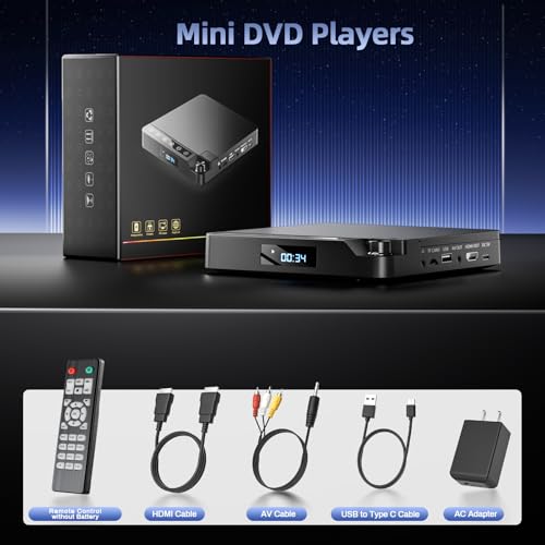 Image of Desobry Mini DVD Player for TV, All Region Free, 1080P HDMI, USB /TF | Compact flip-top design, 1080P HDMI output, USB /TF up to 32GB, PAL /NTSC, HDMI and RCA cables included