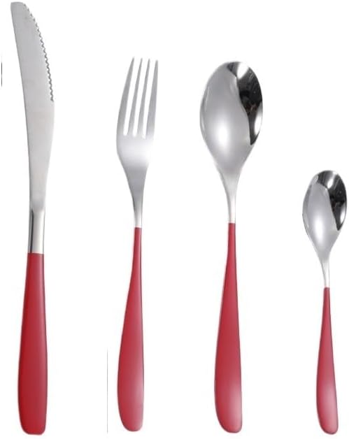 Silverware Flatware Set, 4/16/24/32/40/48 Pieces 304 Stainless Steel Cutlery, Forks, Spoons, Steak Knives, Hotel Restaurants (Color : Red Silver, Size : 4Set-16Pcs)