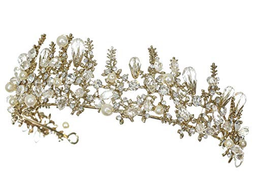 Samky Handmade Faux Pearl Crystal Flower Branch Wreath Tiara Crown - Gold T1241 #TOP1