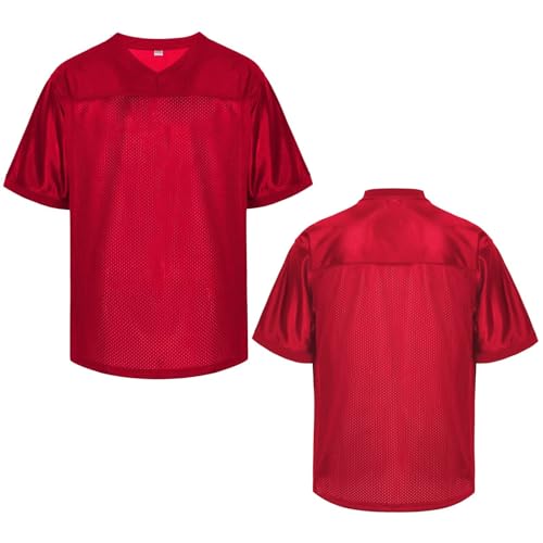 Blank Football Jersey,Mesh Practice Plain Football Shirt 90s Hip Hop Retro Active Unisex Workout Dry-Fit Soccer Sports Tee,Red,3X-Large