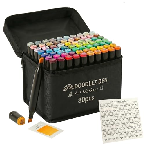 Alcohol Markers Set 80 Colors, Dual Tip Art Markers, Alcohol Based Markers for Adult Coloring Books, Artist Supplies, Chisel & Fine Tip with Black holder, Color Checking Card - Marcadores de Alcohol