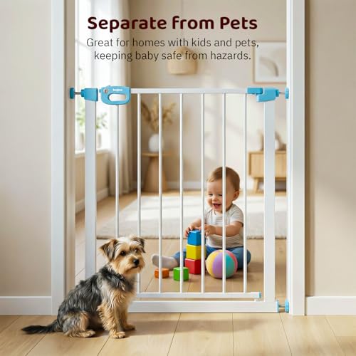 Image of Baybee Baby Safety Gate for Door & Stairs 75-85 cm | No Drill Auto-Close Safety Gate for Kids & Pets | 180 Wide Opening Door Safety Gate | Adjustable Baby & Dog Gate Barrier for Home (White & Blue)