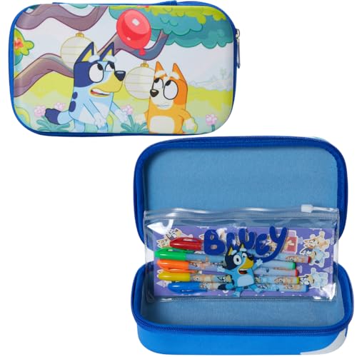 Innovative Designs Bluey Pencil Case Set with Stickers and Gel Pens for Kids Molded with Zip Closure