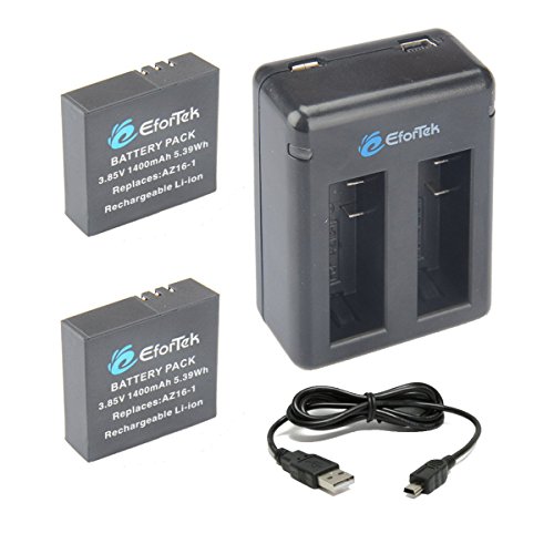 AZ16-1 EforTek Replacement Battery(2 Packs) and Dual USB Charger for Xiaomi YI 4K,Yi 4K+,Yi Lite,YI 360 VR Action Camera，100% Compatible with Original