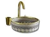 MIRATILE Handmade Ceramic Moroccan Basin Sink, Handwash Countertop Vanity Basin, Farmhouse Bathroom Basin, Sink Bowl with Brass Rim Edge, Hand Painted Wash Basin Sink. (16'= 40cm, Black)