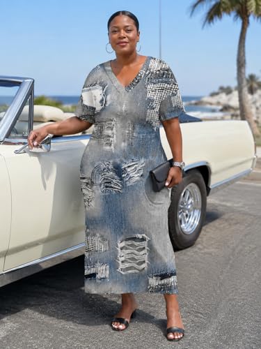 Image of SUZONANA Plus Size Denim Print Maxi Dresses for Women Casual V Neck Short Sleeve with Pockets Soft Jean Look Dress XL-6XL