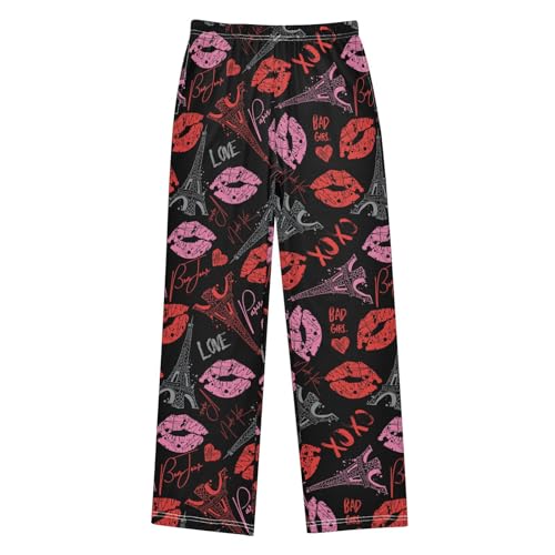 Paris Lips Love Boys Long Pants Soft Trousers Elastic Waist Kids Lounge Bottoms with Pockets S-XL