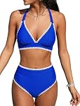 CUPSHE Women's Bikini Sets High Waisted Swimsuit Deep V Neck Crisscross Back Tie Stitching Ruched Full Coverage Royal Blue M