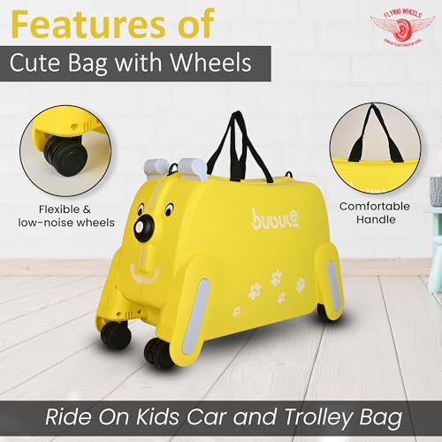 Image of Kids Trolly Bags Ride-On Suitcase with Wheels | Lightweight Rolling Luggage for Toddlers & Children | Travel Bag with Handle - Cute Cabin Trolley (Yellow)
