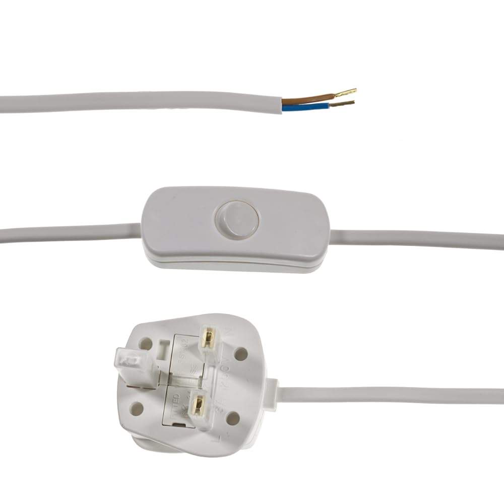 White 2 Core With Plug & In Line Switch 2.5m Long